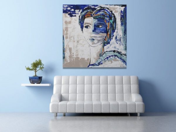 Figurative portrait painting in a blue living room.
