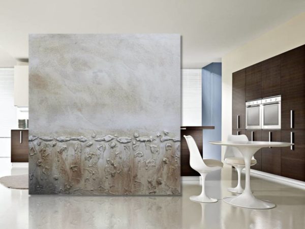 Abstract Ksenia Sizaya canvas with a portrait in a modern room.