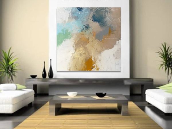 Blue and beige abstract painting in a modern living room setting.
