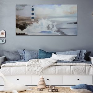 Cozy kids' room with a lighthouse painting above a white daybed.