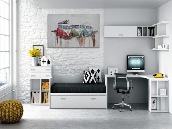 Colorful van-themed artwork in a stylish kids' room.