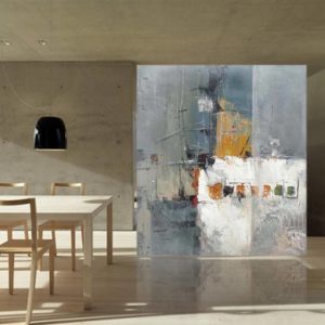 Large abstract Joyce Stratton art in a modern dining space.