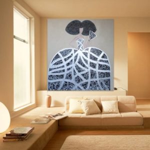Silver and black "Menina A2" painting in a modern living space.