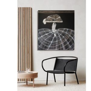 Mixed media string art, possibly Menina Can 03N, on a white wall.