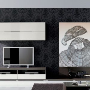Modern living room with "Menina" art and entertainment center.