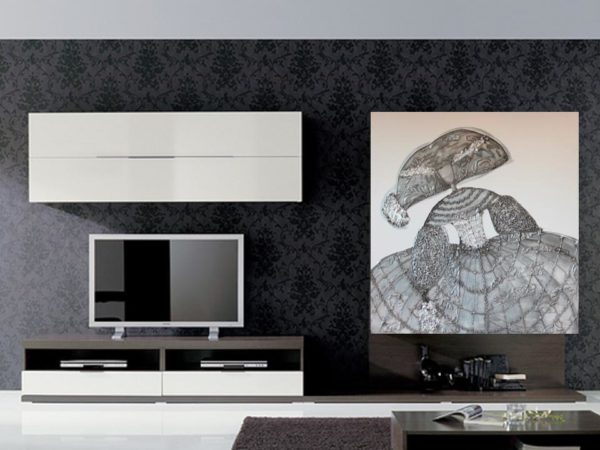 Modern living room with "Menina" art and entertainment center.