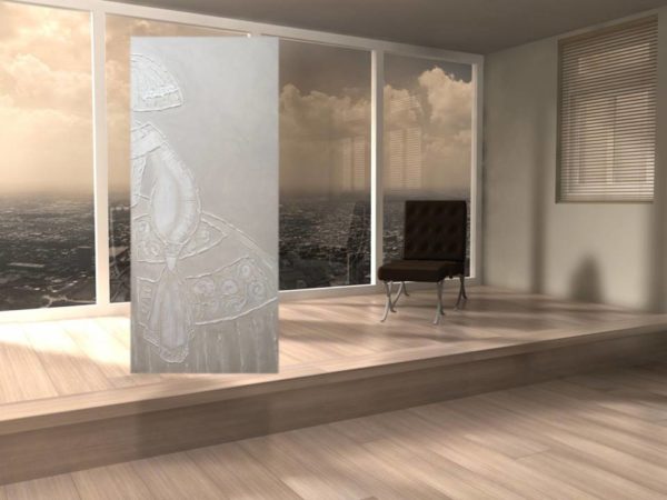 Textured white "Menina" artwork in a modern, airy space with city views.