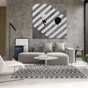 Aerial view painting of people on a zebra crossing above a dining table.