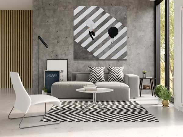 Aerial view painting of people on a zebra crossing above a dining table.