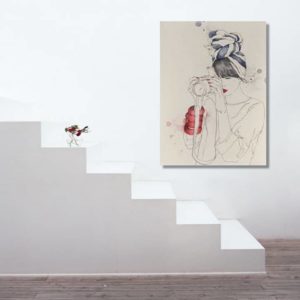 Stylized portrait painting on a white wall near white stairs.