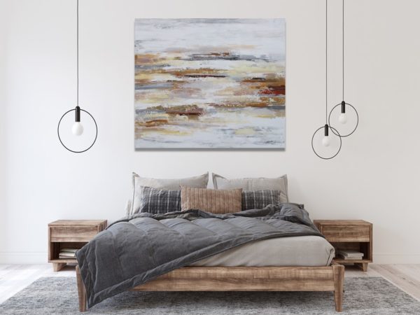 Ethereal white and grey abstract painting on a wall.