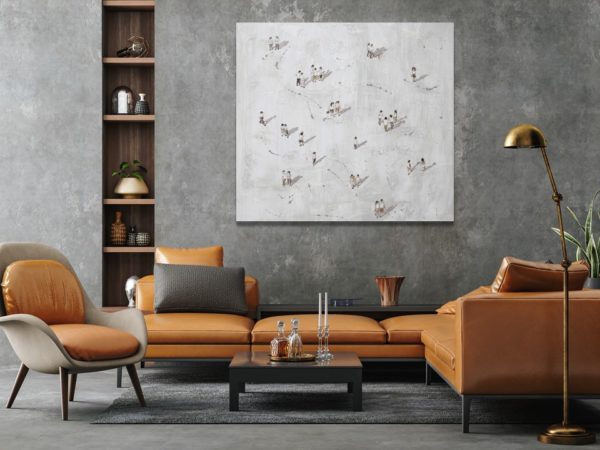 tableau figuratif contemporain "Gente Beige" – scène minimaliste de personnes en mouvement, idéale pour décoration intérieure moderne