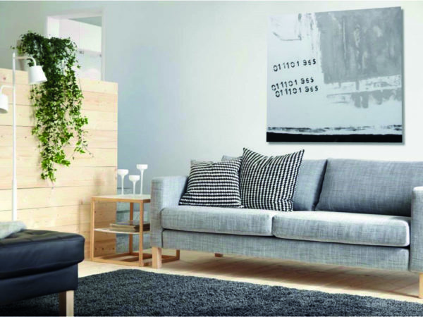 Abstract blue and beige painting in a living room in Ibiza.
