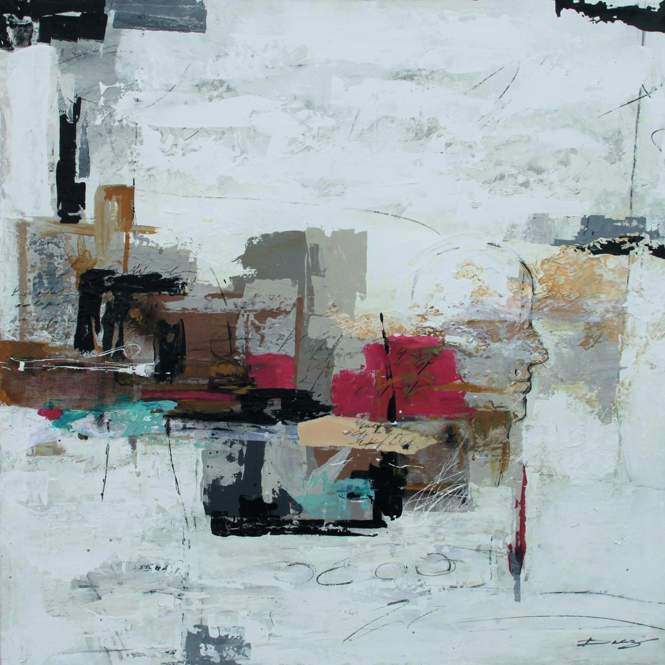 Abstract painting in neutral tones with a human figure outline.