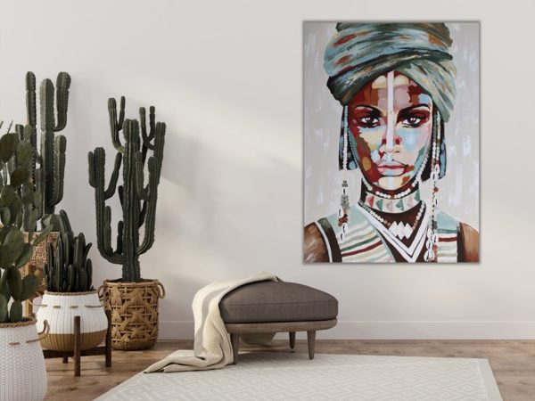Peinture de portrait colorée d'une femme portant un turban.