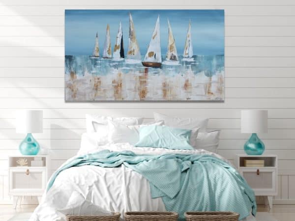Hand-painted seascape painting with sailboats in blue for living room